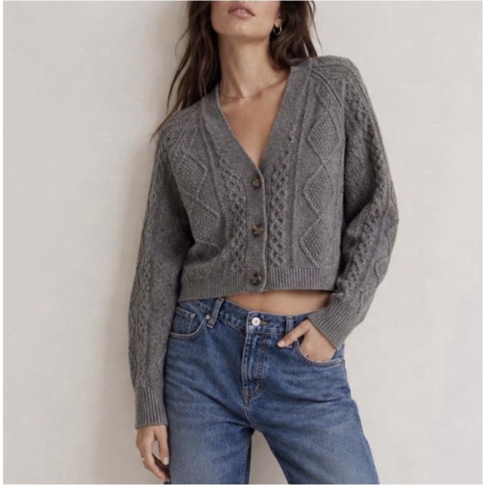 Madewell Metallic Cable Knit Cropped Cardigan Wool Blend Gray Heather S
